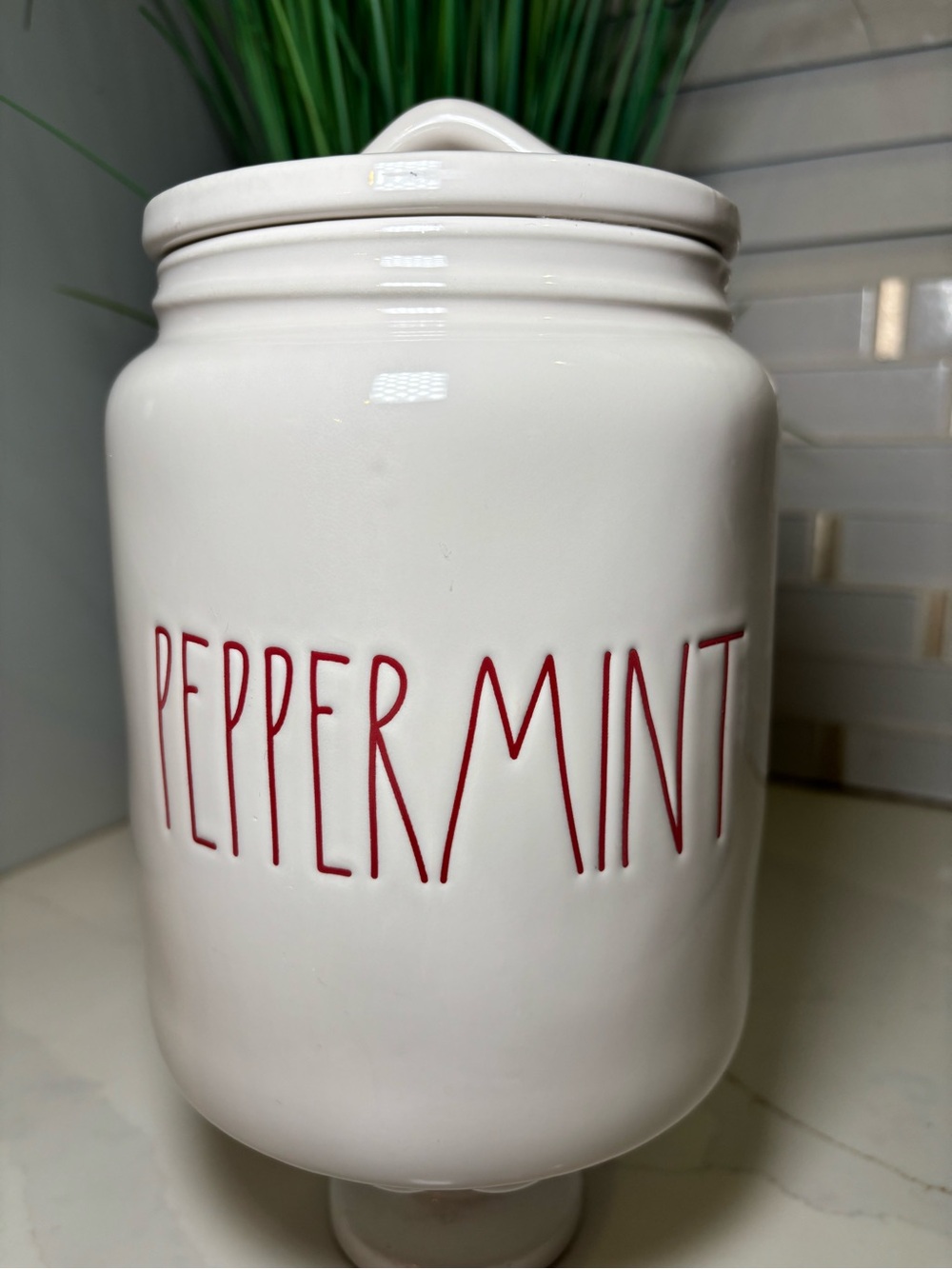 Rae Dunn PEPPERMINT White Ceramic Canister Holiday Candy Cookie Jar Lid Red LL